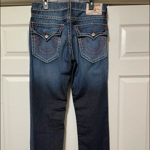 True religion mens slim jeans 34 barely worn red white stitching. 33.5” length